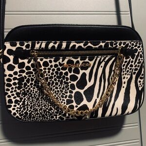 MICHAEL KORS JET SET LARGE EAST WEST BLACK CALF HAIR ZIP CHAIN CROSSBODY BAG